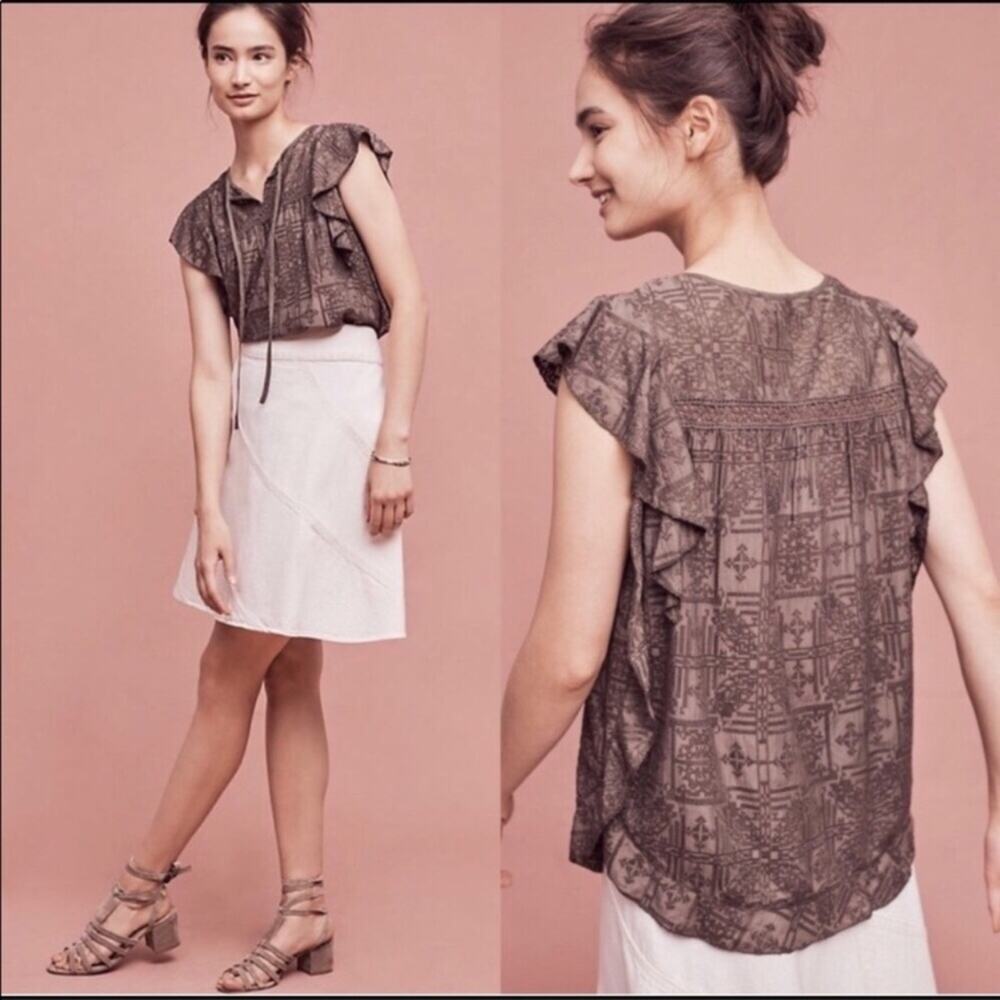 Anthropologie Hiche Flutter Sleeve Embroidered Top